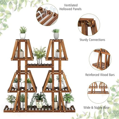 GIANTEX Plant Stand Indoor, 5-Tier Wooden Trapezoid Plant Holder Rack for Multiple Plants, Carbonized Pine Wood, Indoor Outdoor Flowerpot Holder Display Shelf for Living Room Balcony Patio Porch