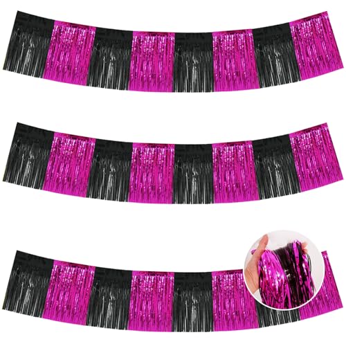 BEISHIDA Hot Pink Fringe Garland Banner 30ft Wall Tinsel Foil Streamers - color: Black Hot Pink
