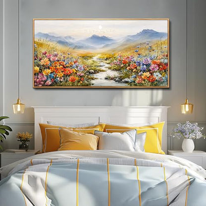 Nature Landscape Wall Art for Bedroom, Sunset Wildflowers Pictures 20X40 In - color: Flower Watercolour Painting Wood Framed, size: 40"L x 20"W