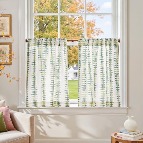jinchan Sage Green Linen Kitchen Tier Curtains 24 Inch Modern Boho 2 Panels - color: Tribal | Sage Green on Linen, size: 26"W x 24"L (Pack of 2)
