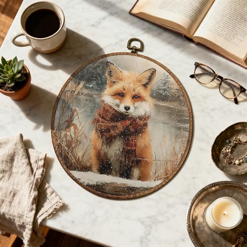 DOFQZ Winter Snowy Fox Round Wall Art Decor, Vintage Christmas Fox Framed Wall Art, Rustic Cozy Christmas Wildlife Canvas Wall Hanging Decor for Home Bedroom Living Room, 10x10 - color: 02Child