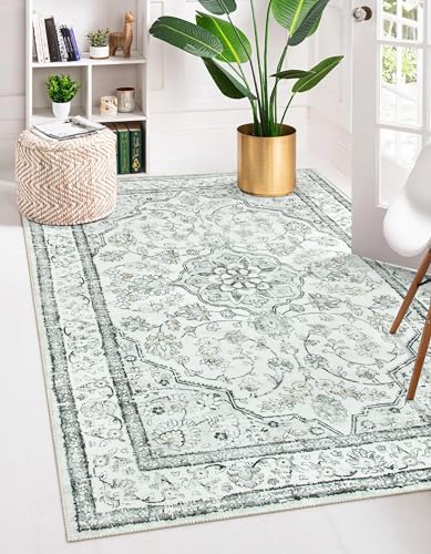 Lahome Oriental 3x5 Rug,Washable Entry Rugs for Inside House Non-Slip,Boho Grey Rugs for Living Room,Traditional Vintage Bathroom Carpet Thin Throw Rug for Bedroom Entryway Kitchen Helena,Light Gray - color: Grey/Ivory, size: 3' x 5' (Rectangular)