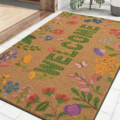 Likiyol Floral Coir Door Mat Outside Entrance, Colorful Flower Welcome Mat Front Door Mats Non Slip Spring Doormat Outdoor Indoor Entrance, Low Profile, 18" x 30" - color: Brown, size: 1'6" x 2'6" (Rectangular)