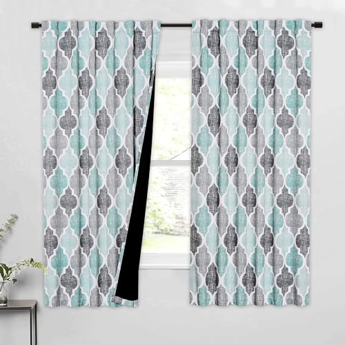 Beauoop Moroccan 100% Blackout Curtains Bedroom Aqua Grey 50x63 2 Panels - color: Rod Pocket | Aqua and Grey, size: 50"W x 63"L (Pack of 2)