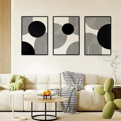 YIYA 3 Pieces Black Metal Wall Decor Black Modern Geometric Wall Decor Hanging Minimalist Line Wall Art for Bedroom Living Room Bathroom Balcony Gallery - style: semicircle