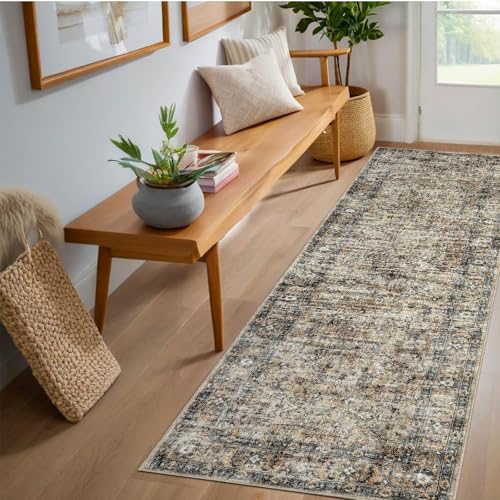 GarveeHome Washable Runner Rug 2x6 Vintage Carpet Runner with Non Slip Backing Foldable Non Shedding Retro Accent Rug Low Pile Distressed Throw Rug for Hallway Office Bedroom, Brown - color: Brown, size: 2' x 6' (Runner)