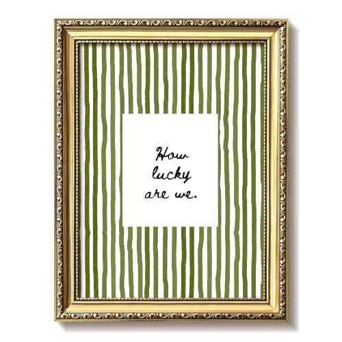Gold Framed How Lucky Are We Wall Art, Olive Green Striped Pictures Canvas Print, Girly Preppy Aesthetic Wall Decor, Trendy Quote Artwork for Living Room Bedroom 8x10in - color: Lucky, size: 10"L x 8"W