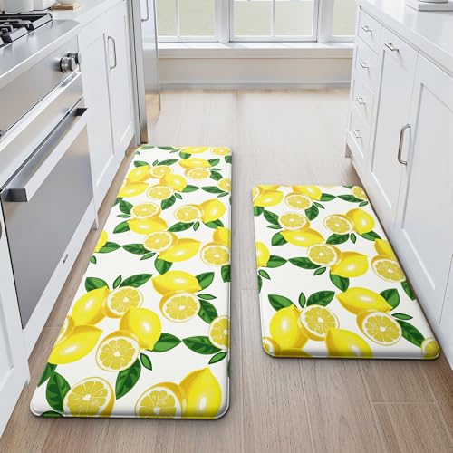 MAYHMYO Lemon Kitchen Decor Mat Set, 2PC Kitchen Mats, Anti Fatigue - color: White Lemon