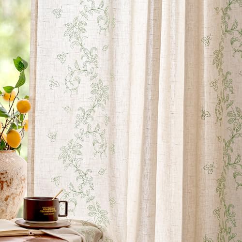 jinchan Floral Linen Curtains, Back Tab 50x63 Inch, 2 Panels Sage - color: Vine | Sage, size: 50"W x 63"L (Pack of 2)