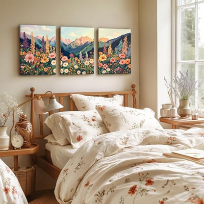 Hianan Wrapped Canvas Boho Moutain Wildflower Wall Art Set of 3, 12x16 in - color: Colourful, size: 16"L x 12"W