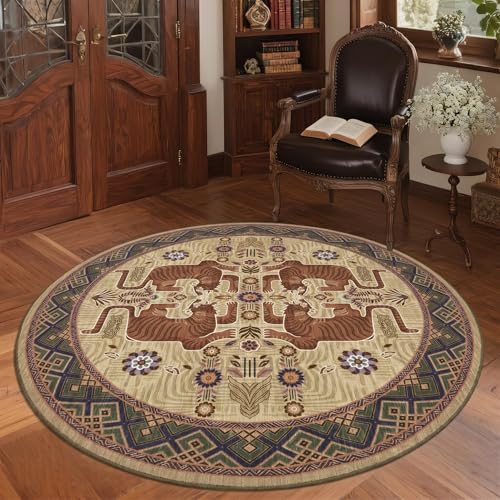 GarveeHome Tiger Round Area Rugs Boho Bedroom Non Slip Washable Vintage - color: Camel, size: 4' (Round)