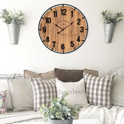 EMAX HOME Large Old Town Farmhouse Wall Clock 20 Inches - Rustic Antique Wood with Metal Circle and Large Numerals Silent Battery Operated Wall Clock for Office Kitchen Bedroom Living Room - color: Brown, size: 20 Inch
