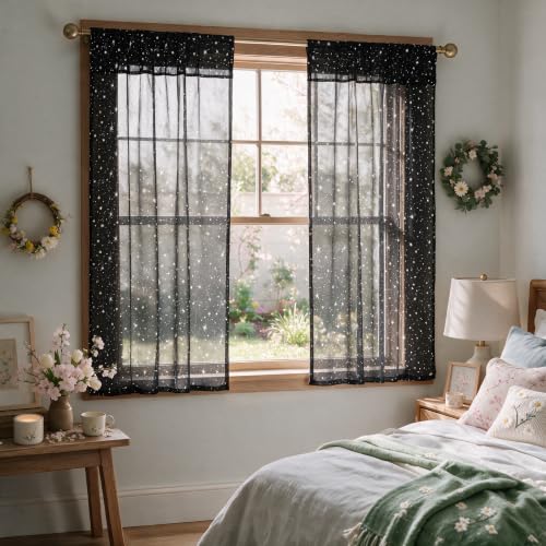 Horaldaily 2Pcs Black Sheer Curtains 52x63in, Silver Sequin Star, Halloween - color: Black and Sliver, size: 52"W x 63"L (Pack of 2)
