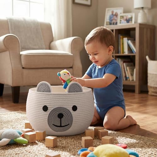 CherryNow Large Baby Basket for Gifts Empty, Cute Bear Design, White - color: White, size: 15.7"D x 10.5"H