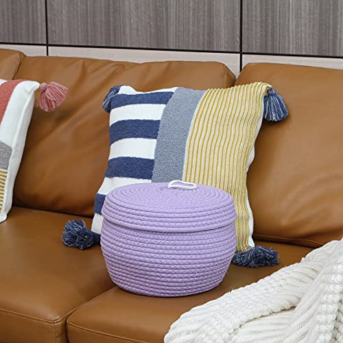 Sea Team Round Woven Cotton Rope Storage Basket with Lid, Lavender - color: Lavender, size: Small