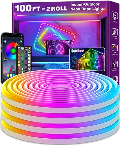 AILBTON 100FT Neon Rope Lights, RGB LED Strip Lights, Waterproof IP67 LED Lights for Bedroom, DIY Design, Music Sync, Remote Control, Multiple Modes for Bedroom - size: 100FT