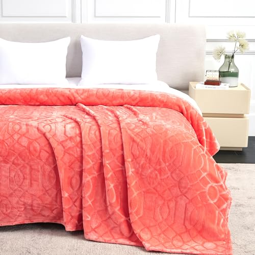 Soft Cozy Fleece Queen Size Blanket, 90x90 Inches – Lightweight Plush Blanket for Bed, Fuzzy 3D Jacquard Design - Coral - color: Coral, size: Queen (90" x 90")