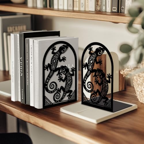 Peacoblue 5.3"x4.3"x7.9" Metal Bookends, Heavy Duty Book Ends for Shelves - style: Geckos