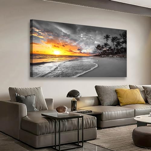 Ocean Wall Art Bedroom Wall Decor Living Room,Beach Canvas Wall Art Office Farmhouse Paintings Artwork Modern Sunset Palm Tree Black and White Sea Coast Wall Art Prints Pictures 20 * 40inch - color: Sunset Black and White Beach, size: 40"L x 20"W