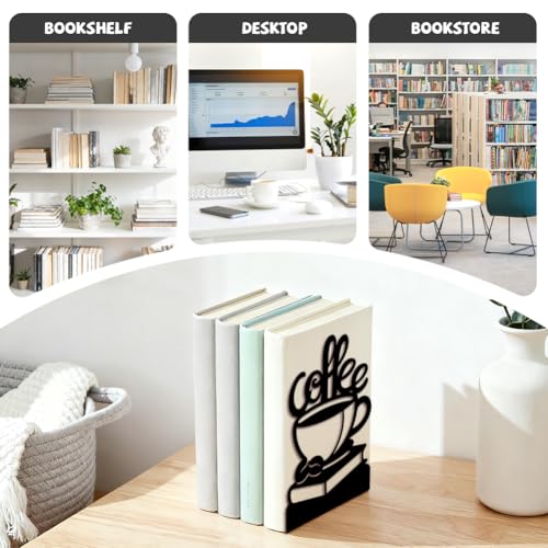 Peacoblue 5.3"x4.3"x7.9" Metal Bookends, Heavy Duty Book Ends for Shelves - style: Coffee Beans and Books
