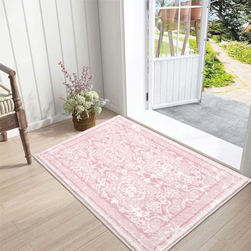Vaukki Hallway Runner 2x3 ft, Pink Vintage Shaggy Soft Kitchen Rug - color: Pink, size: 2' x 3'(Runner)