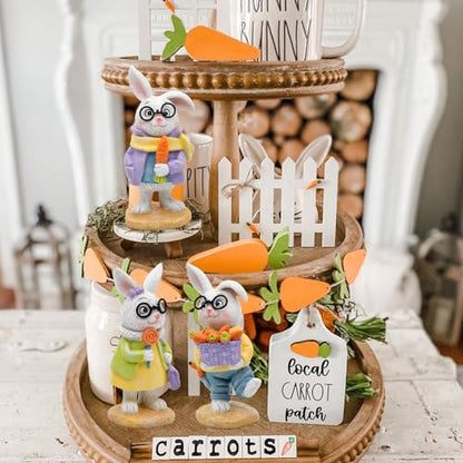 nuvagiki Spring Decorations for Home,3PCS Spring Bunny Figurines Decor, Rustic Farmhouse Bunny with Basket, Carrot Kitchen Table Tiered Tray Decor, Spring Office Classroom Decorations