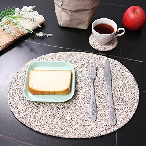 4 Pack Oval Woven Placemats, Mix Brown Cotton Plate Chargers with 4 Pack Round Coasters, Thick Heat Insulation Mats Household Table Mats Braided Bowl Mats Fabric Rustic Placemats for Dining - color: Mixed Brown, size: Oval Set of 4