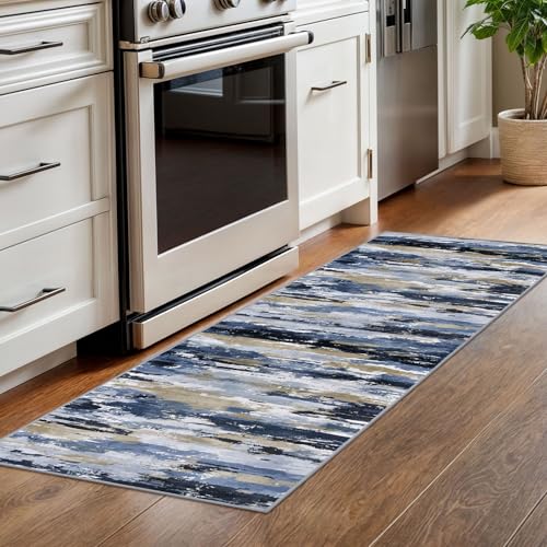Abstract Washable 2x6 Runner Rug Non Slip Runners for Hallway - color: Navy / Blue / Taupe, size: 2' x 6' (Runner)