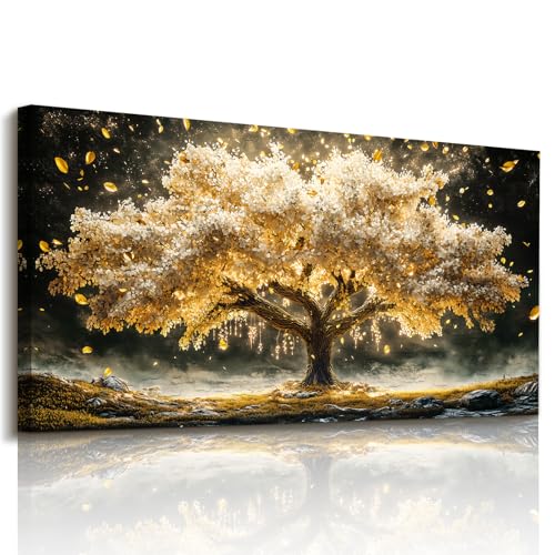 crmotu Tree of Life Large Wall Art, Golden Landscape Canvas Prints 20"x40" - color: Gold and Ivory, size: 40"L x 20"W