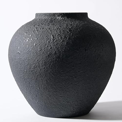 SilkSerenade Large Black Round Vase for Flowers & Table Centerpieces - 11 Inch Rustic Textured Earthy Stone Look, Matte Big Vessel Decorative Arina Modern Farmhouse Wabi Sabi Decor Living Dining Room - color: Black Large Round