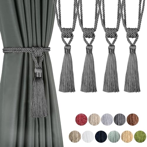4 Pack Curtain Tiebacks Handmade Tassel Rope Curtain Holdbacks - color: Charcoal, size: 4p