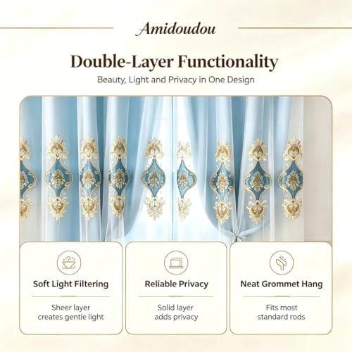 Amidoudou 1 Pair European Double Layer Curtains with Sheer Curtains for Living Room Bedroom Luxury Embroidered Blackout Curtains (Blue,52x90 Inch) - color: Blue, size: 52"W x 90"L (Pack of 2)