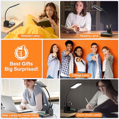 Wireless Charging Desk Lamp USB Charging & Pen Holder, Matte Black - color: Matte Black