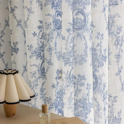 SUOUO Blue and White Toile Floral Semi Sheer Curtains 96 Inches 2 Panels - color: Blue-white, size: 52"W x 96"L (Pack of 2)