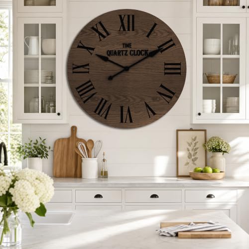 ARTPOWER 35.5" Extra Large Farmhouse Wall Clock,Solid Wood Veneer,Brown - color: Brown, size: 35.5"W x 35.5"H