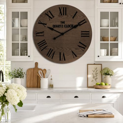 ARTPOWER 35.5" Extra Large Farmhouse Wall Clock,Solid Wood Veneer,Brown - color: Brown, size: 35.5"W x 35.5"H