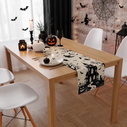 Halloween Decorations - Gothic Haunted House Witch Ghost Bat Table Runner - color: Halloween Haunted House