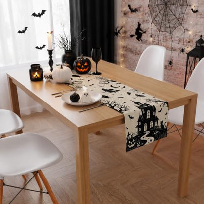 Halloween Decorations - Gothic Haunted House Witch Ghost Bat Table Runner - color: Halloween Haunted House