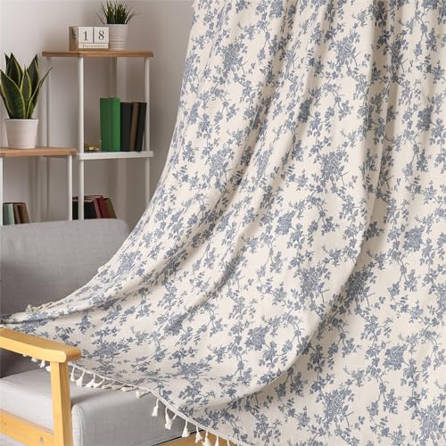 1 Pair Blue Floral Linen Curtains Rustic Country Style Light Filtering Rod Pocket Window Drapes Beige Tassels, 52" W x 63" L - color: Cymbidium, size: 52"W x 63"L (Pack of 2)
