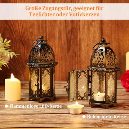 IMAGE Metal Candle Lanterns 6.7" H Hanging Lanterns Moroccan Birdcage Holders with Glass Creative Wedding Home Tabletop Decoration, Black (4)