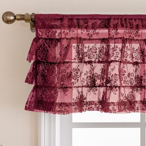 Kotile Burgundy Lace Ruffle Valance for Windows W52 x L18 Inch, 1 Panel - color: Burgundy - Ruffle Lace