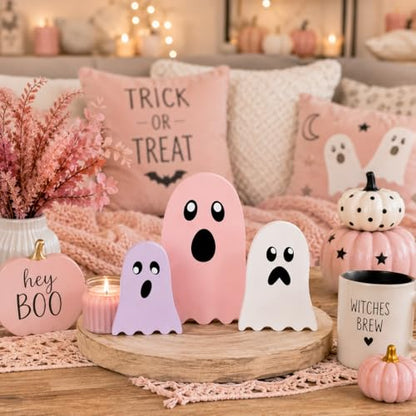 3 Pack Pink Halloween Ghost Decor, Wooden Tabletop Decorations for Home