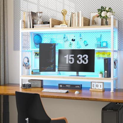 REIBII 2-Tier Desk Shelf, LED, Bedroom and Home Office, White - color: White, size: 7.8"D x 45.2"W x 38.7"H