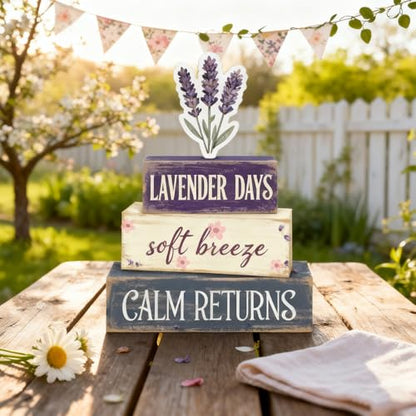 Spring Decoration For Home Wooden Lavender Tiered Tray Decor Rustic Spring Block Sign with Lavender Farmhouse Tabletop Spring Decor Centerpiece for Tables Seasonal Home Easter Decor - style: Lavender