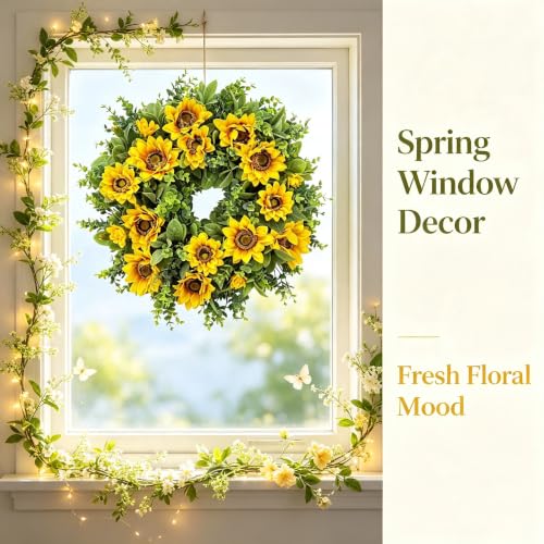 20" Sunflower Wreath, Spring Floral Wreath for Front Door Porch Decor