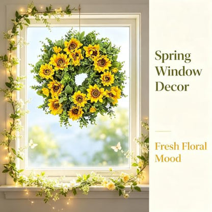 20" Sunflower Wreath, Spring Floral Wreath for Front Door Porch Decor