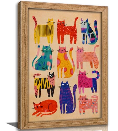 Framed Colorful Abstract Cat Wall Art, Cute Kitten Painting Canvas Print, Colorful Cartoon Animal Wall Decor, Whimsical Cats Folk Art Poster Print Artwork, for Living Room Bedroomor Nursery, 16x24in - color: Abstract Cat, size: 24"Lx16"W