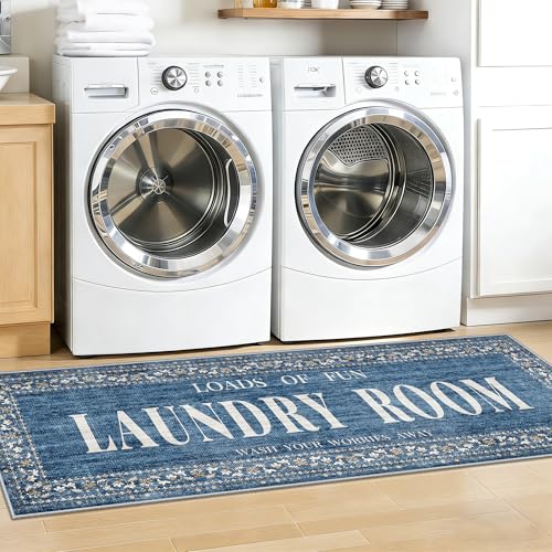 Non-Slip 20"x60" Laundry Room Rug: Washable Vintage Runner Rug for Bathroom Washroom Mudroom - Water Resistant Durable Laundry Floor Mat - Low-Pile Distressed Carpet for Pets Kids Family 1.7x5ft Blue - color: Blue, size: 1'8" x 5' (Rectangular)