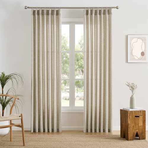 RAIN CITY Pinch Pleat Sheer Curtains 102 Inches Long (42 x 102 Inch,Beige Color) Thick Linen Pinch Pleat with Hooks, Boho Farmhouse Light Filtering Curtains for Living Dining Room Bedroom 2 Panels - color: Beige, size: 42"W x 102"L (Pack of 2)