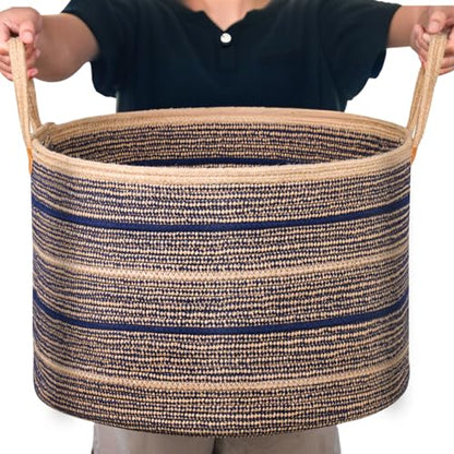 ZOES HOMEWARE Sapphire Blue Large Blanket Basket, 22"x22"x14" | Jute Blanket Basket Living Room, Laundry, Nursery | Toy Basket for Blankets, Toys, Hand Woven Crafted (Brown&Blue)